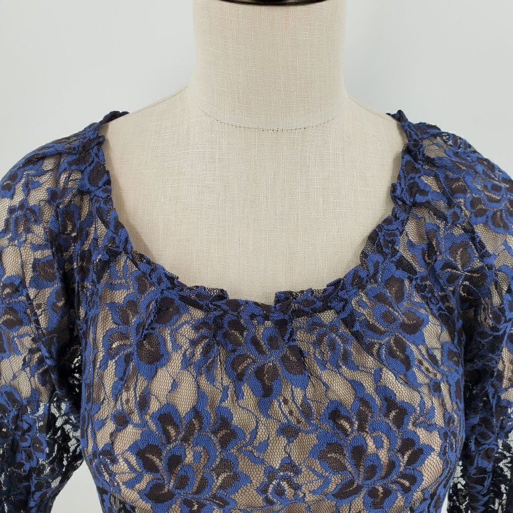 Ann Taylor Loft Lace Top Womens 3/4 Sleeve Floral Blue Size Medium - Picture 2 of 8